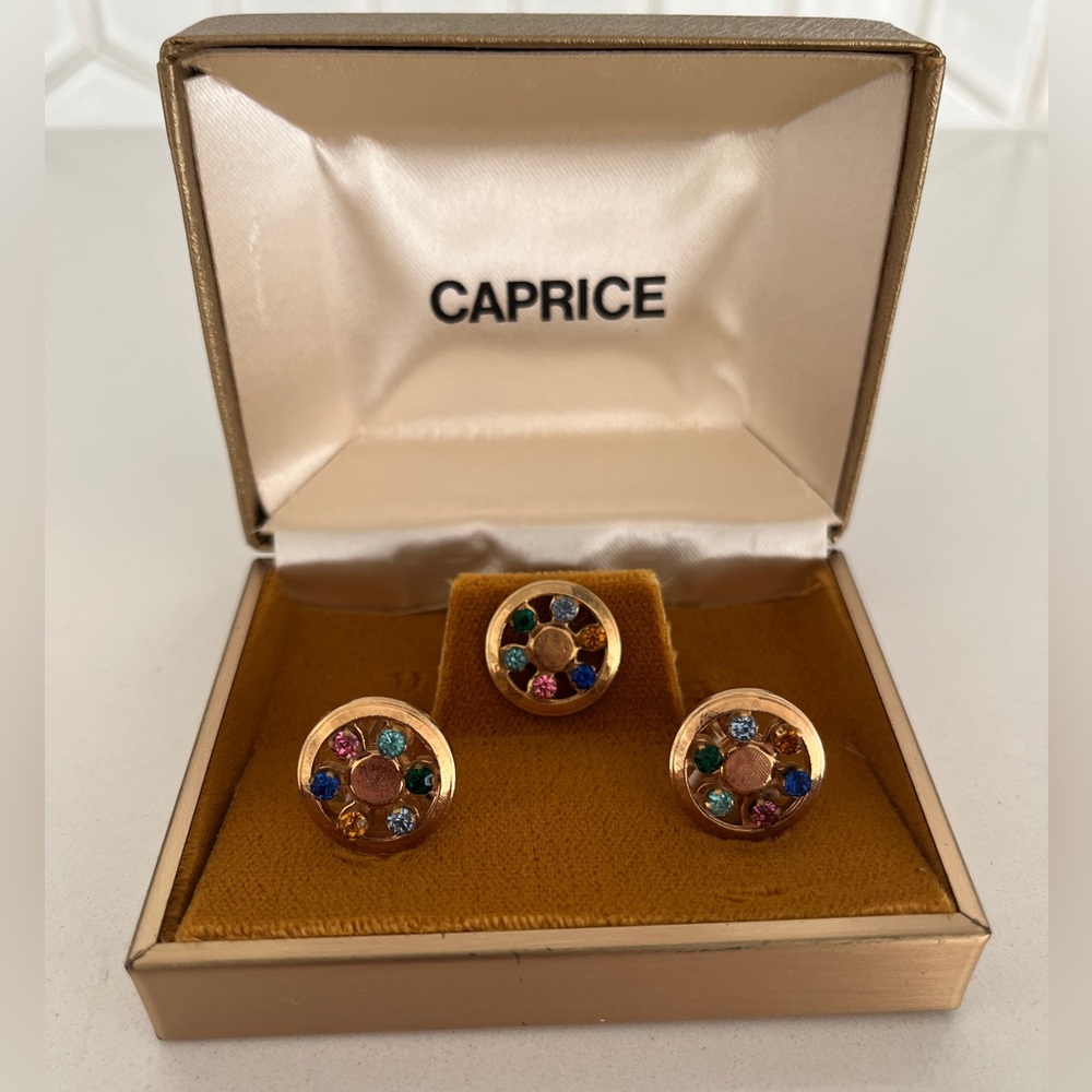 VINTAGE Cufflinks & Tie Tack Gold Tone Fancy Multi-Colour Rhinestones Dandy